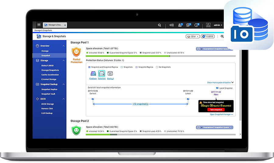 Snapshots através de interface simples, backups muito mais rápidos